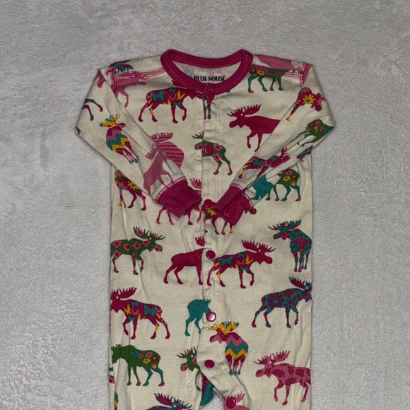 Little Blue House Pink and Green Moose Print Kids Footie - Picture 2 of 10